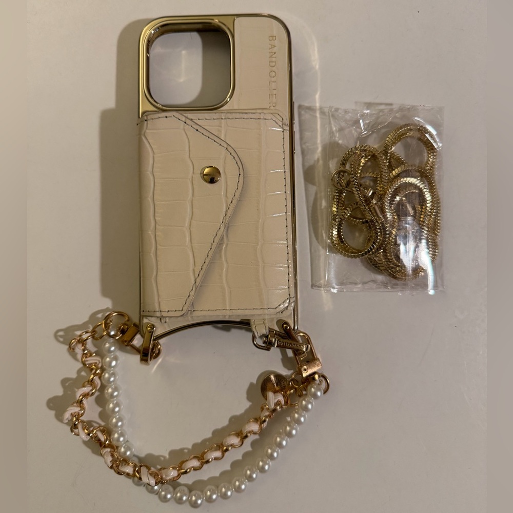 Bandolier Remi Ivory and Gold Croc-Embossed Phone Case - iPhone 15 Pro